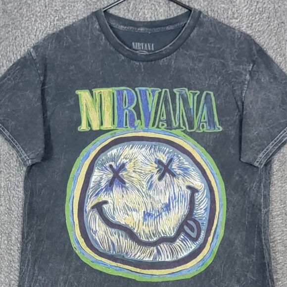 Nirvana T-Shirt Mens M Gray & Green Nevermind Smiley Face Short Sleeve Crewneck - Picture 2 of 9